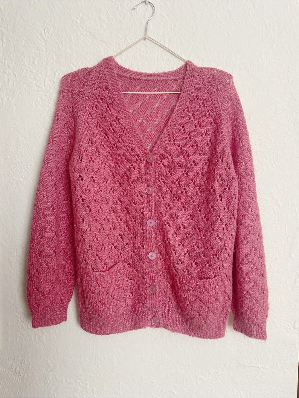 Vintage Pointelle Women's Pink Knit Button-Up Cardigan Sweater